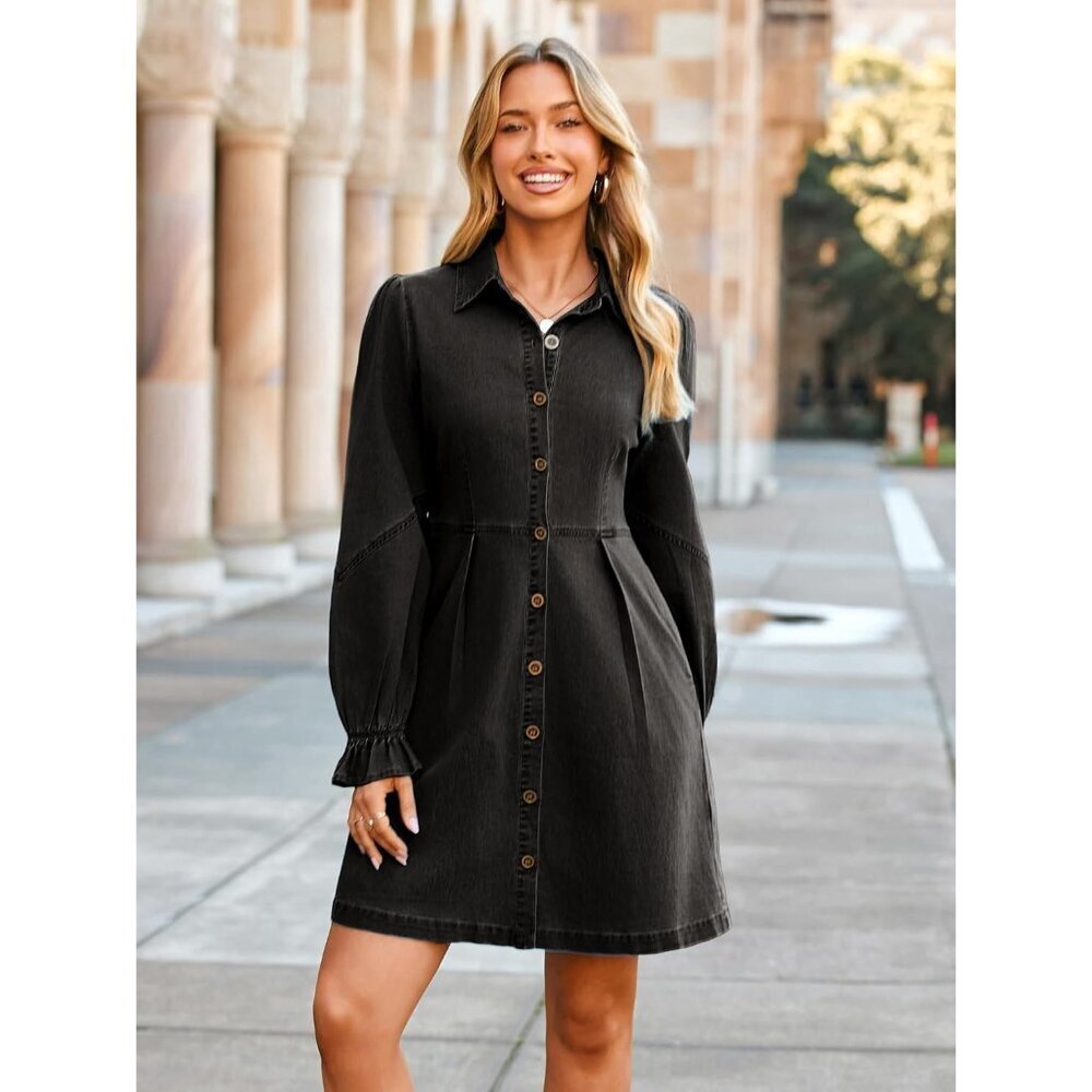 Women's Denim Dress Long Sleeve Mini Casual Button Pockets 2025 Fall - Picture 4 of 6